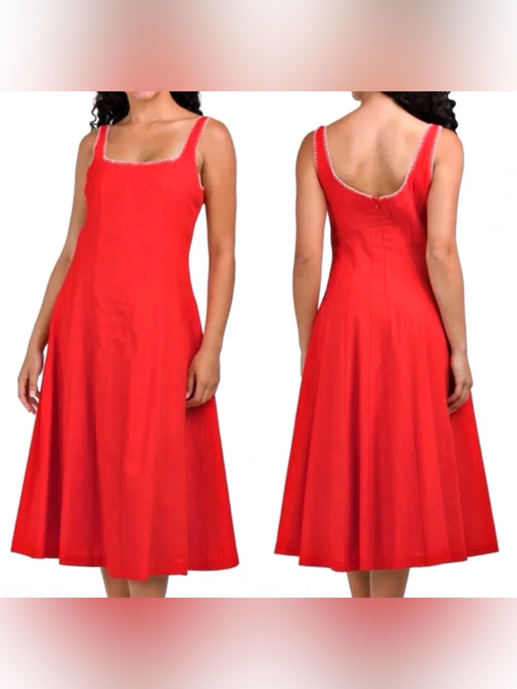 Caroline Constas Whipstitch Trim A-Line Linen Blend Midi Dress Cherry Red Size 8